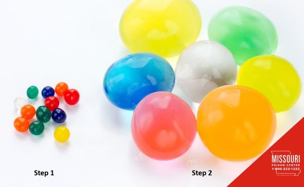 Two-step comparison showing small dry polymer beads in Step 1 and large expanded colorful water gel balls in Step 2