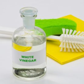 A picture of cleaning tools like sponge and rag besides a bottle of white vinegar.