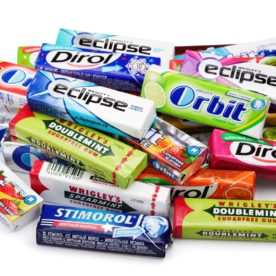 A pile of some of today's most popular gum products like Orbit, Doublemint, and Dirol.