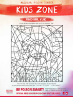 Geometric coloring puzzle where children color shapes with dots to reveal Mr. Yuk's face.