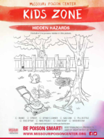 Hidden picture puzzle showing a backyard scene where children find poisonous items like spray cleaner, gas can, and nail polish.