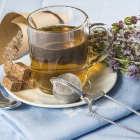A glass tea cup with pennyroyal tea besides a clump of pennyroyal flowering plant,