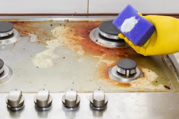 Bar Keepers friend powder on a purple sponge. Someone holds the sponge above a rusty stove.