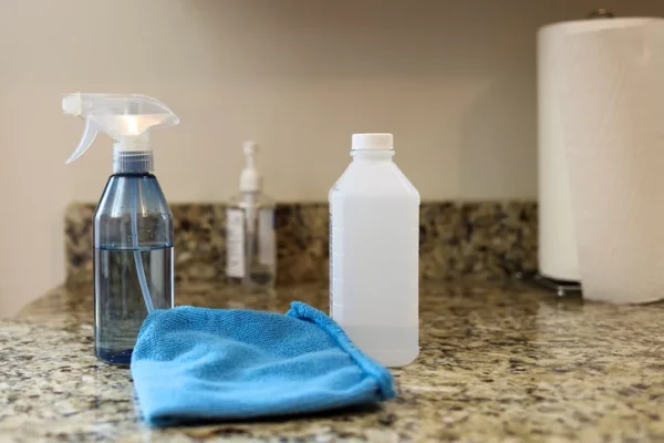 A bottle of rubbing alcohol on a counter next to a blue rag and a spray bottle.