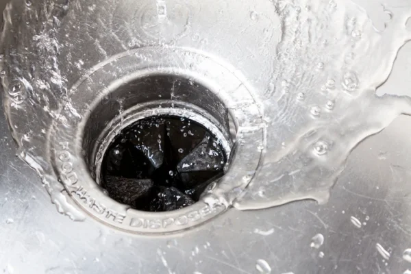 A closeup of a garbage disposal set in a metal sink. Water is running down into it.
